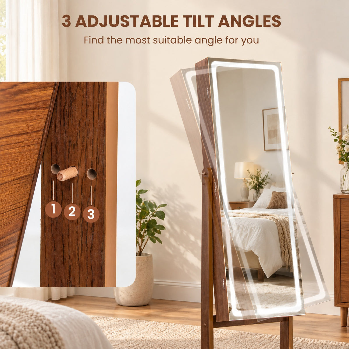 Airfind Lockable Jewelry Armoire Standing Cabinet with Lighted Full-Length Mirror, MDF Glass Acrylic Frame, 16 x 15 x 59.5 External Footprint