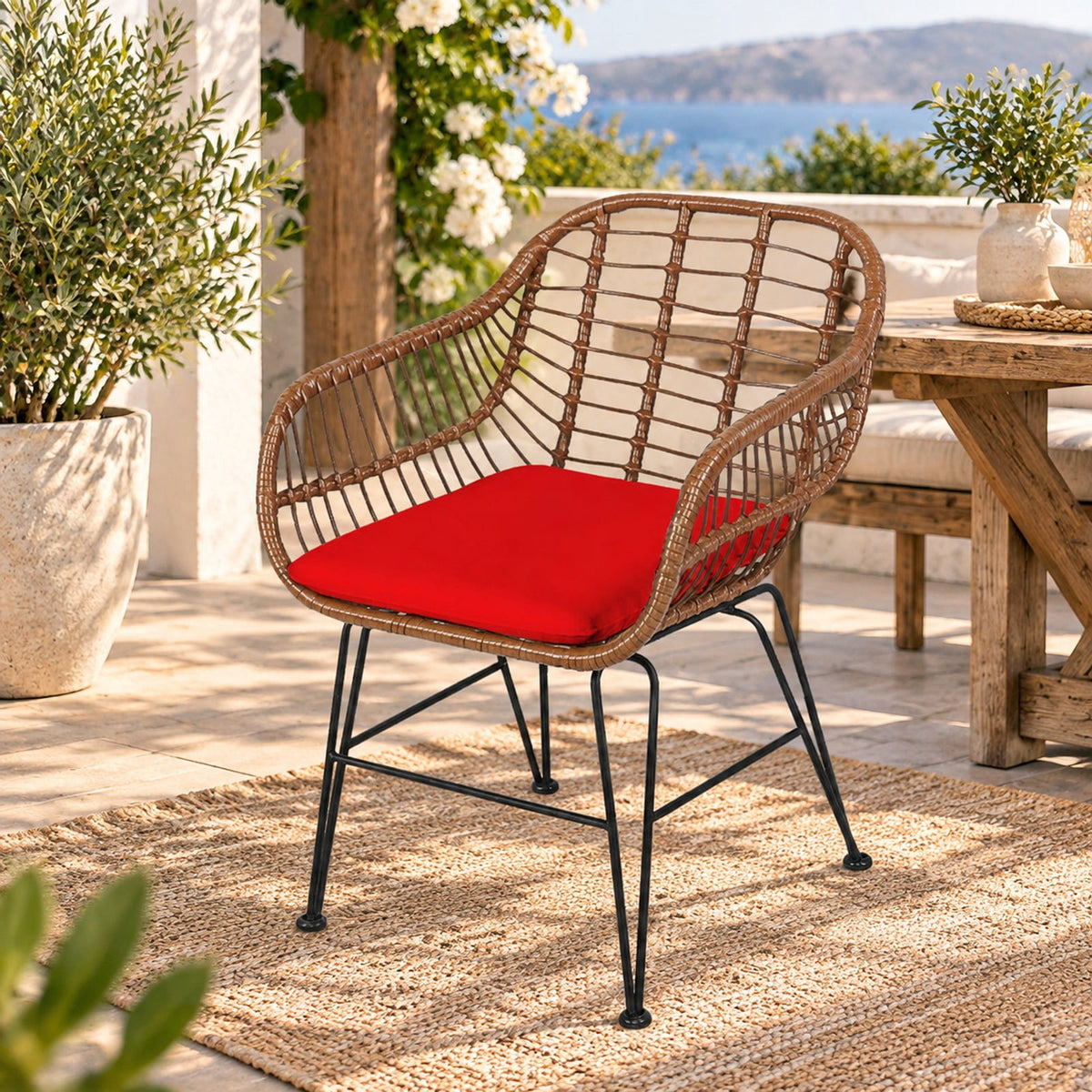Airfind 3 Pieces Patio Rattan Bistro Set with Cushion, 170 lbs Capacity, Steel Rattan Sponge Polyester Frame, 22.5 Inch x 24 Inch x 31.5 Inch Footprint, Red