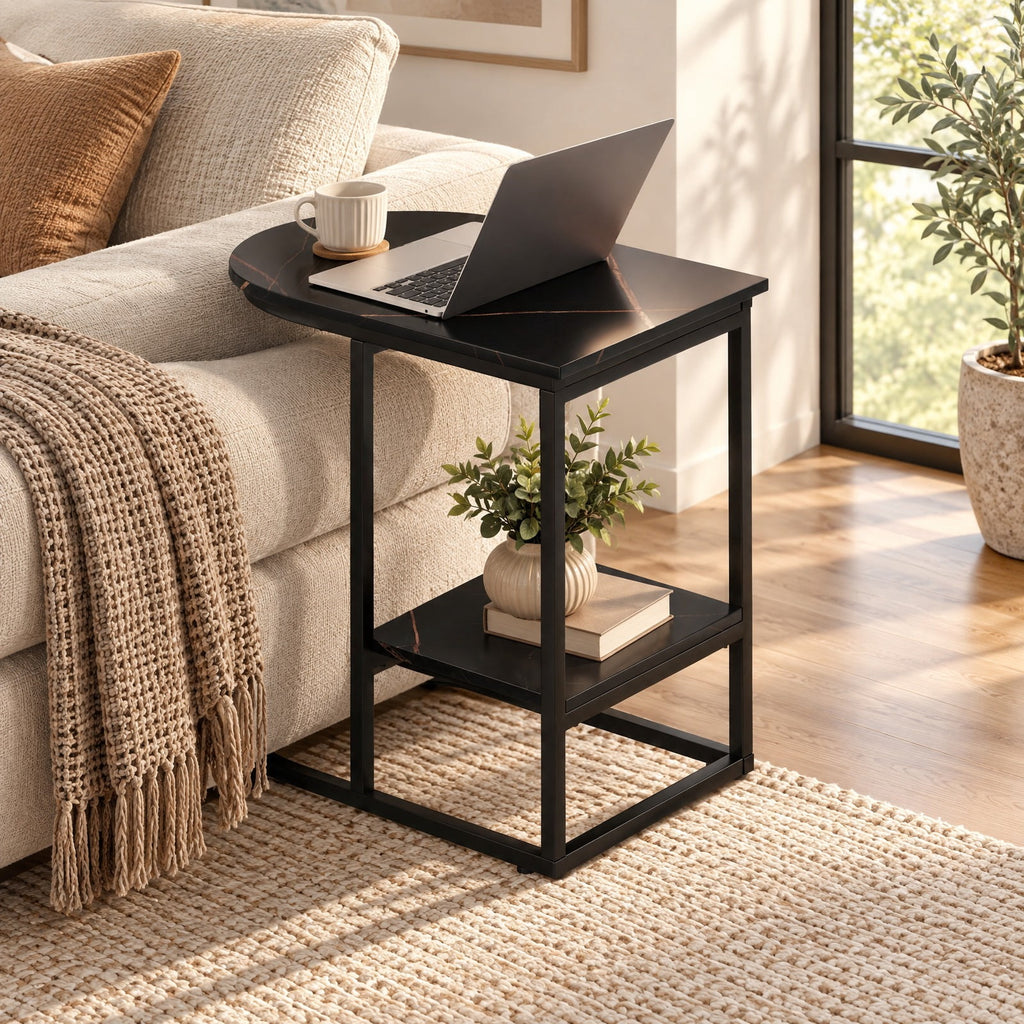 Airfind C-shaped Modern Sofa Side Table with Faux Marble Tabletop and Storage Shelf, 66 lbs Capacity, Engineered Wood Metal Frame, Black