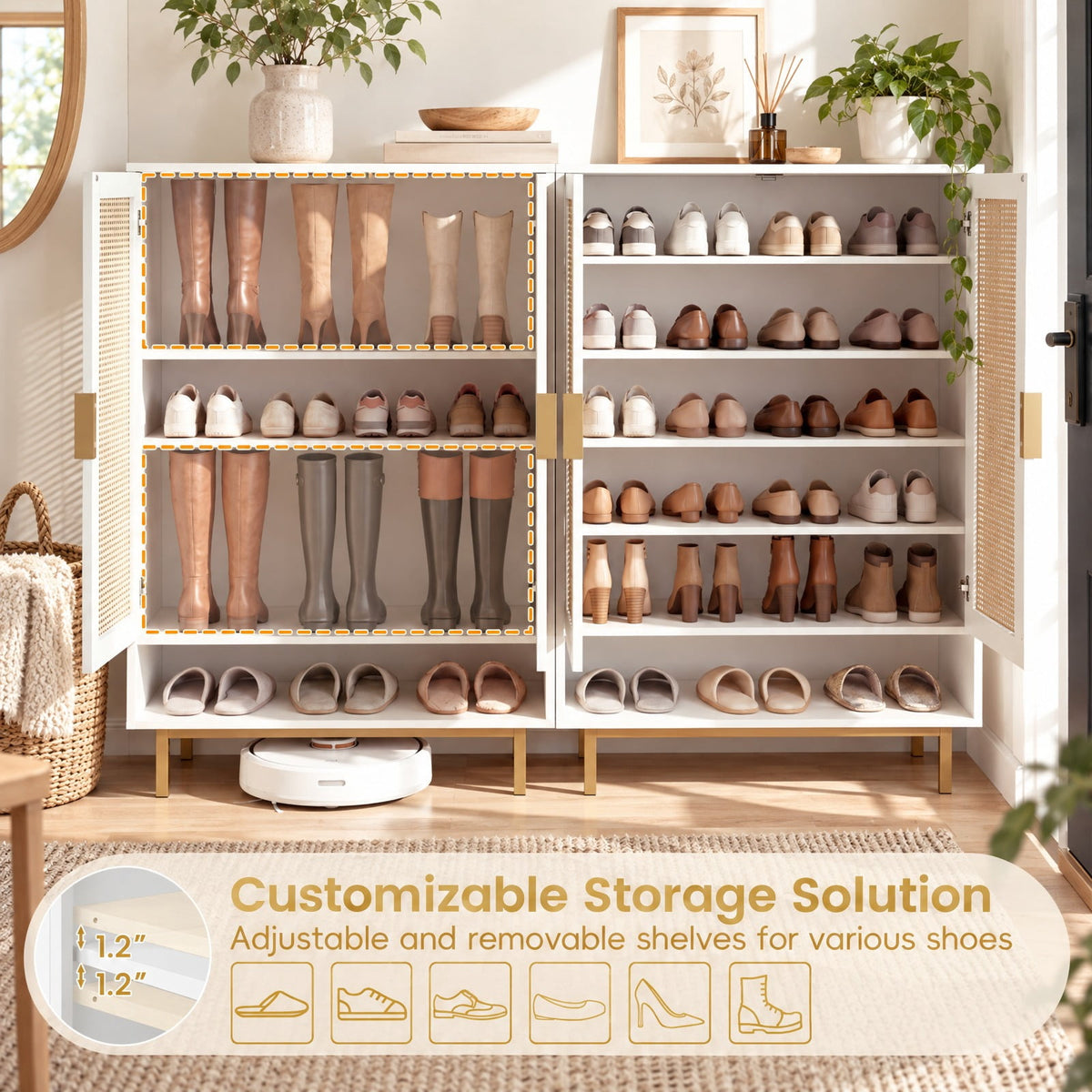 Airfind 43 Inch 6-Tier Tall Shoe Cabinet with Double Doors, 66 lbs Capacity, Engineered Wood Metal Frame, 30in x 14in x 43in Footprint, White