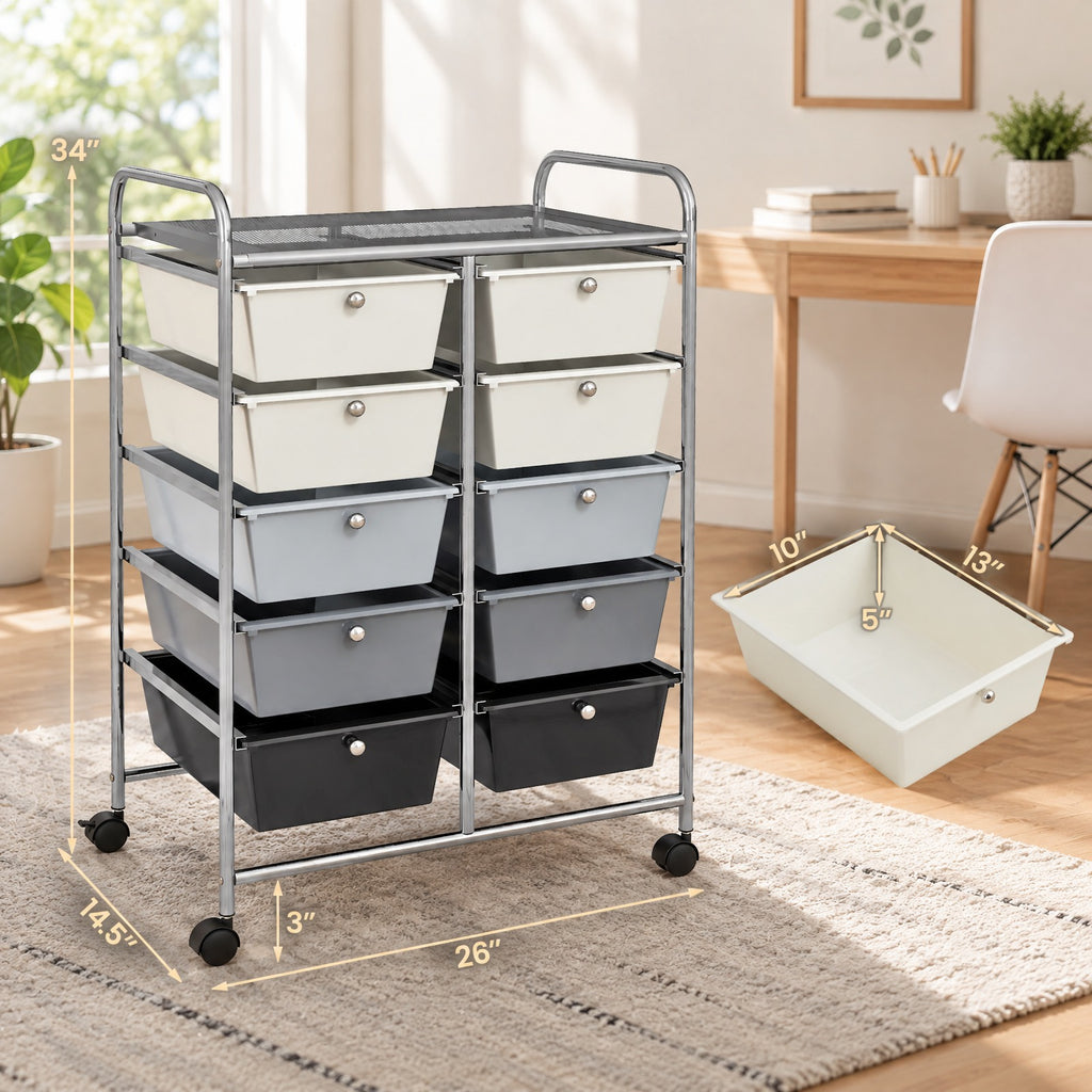 Airfind 10-Drawer Rolling Storage Cart-Beige and Gray, 22 lbs Capacity, Metal PP Frame, 26in x 14.5in x 34in Footprint, Beige