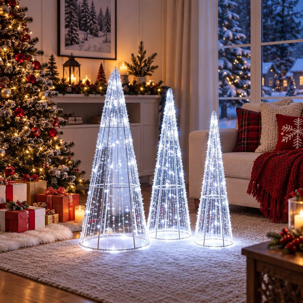 Airfind Set of 3 Pre-lit Christmas Cone Trees with Star Strings for Christmas-Cold White, Metal PS PVC Large Tree Frame, White