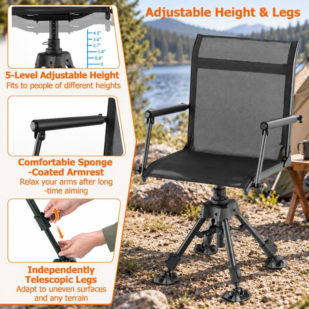 Airfind Folding Swivel Patio Chair with 4 Adjustable Leg, PP Steel Nylon Frame, 21.5 x 21.5 x 33.5-42 Footprint, Black