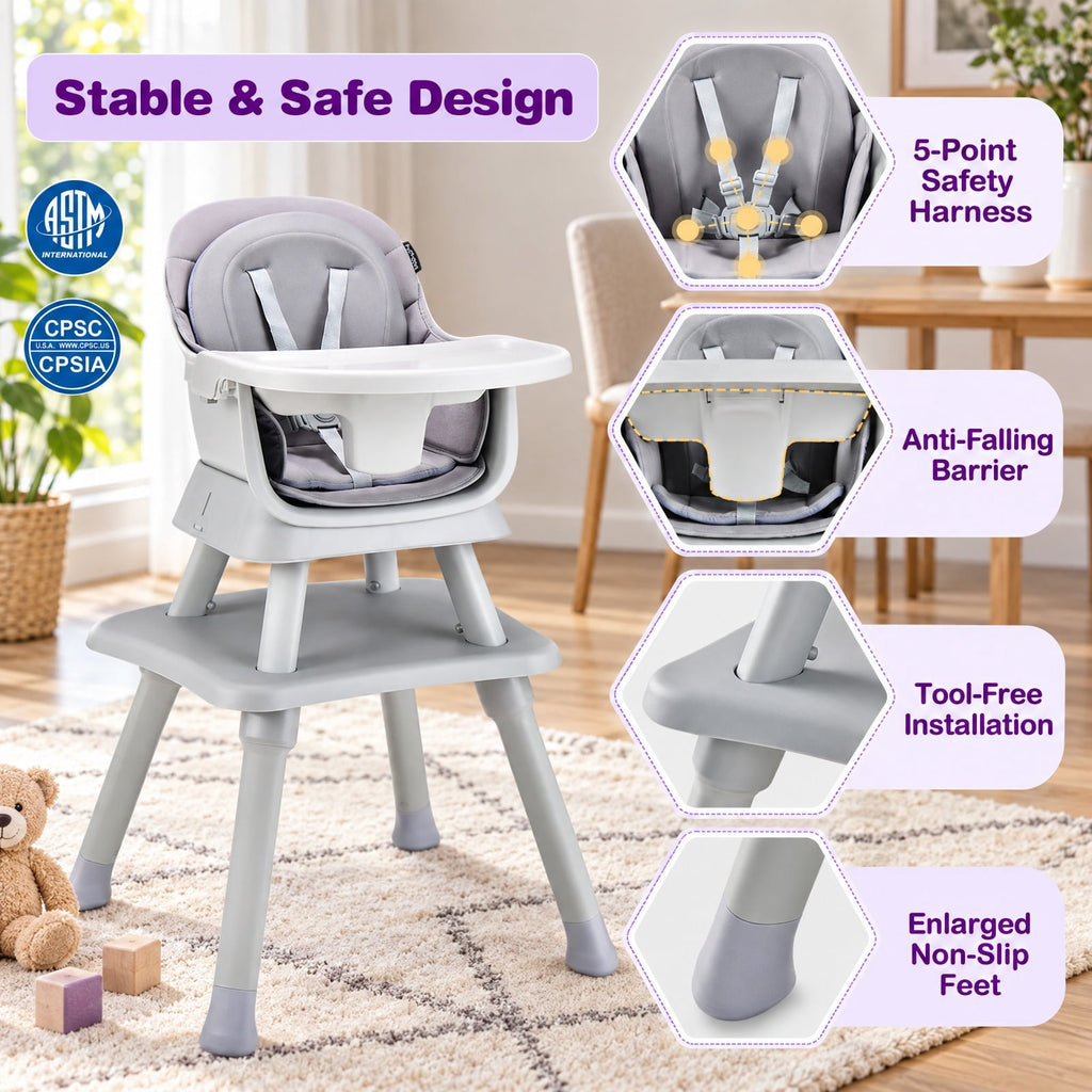 Airfind 6-in-1 Convertible Youth High Chair featuring Adjustable Removable Tray, 55 lbs Capacity, PP PU Fabric Frame, for 6-36 Months, Gray
