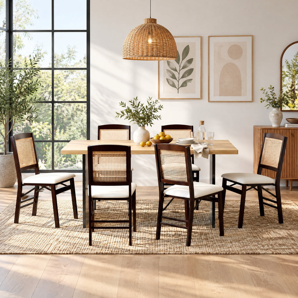 Airfind Folding Dining Chairs Set of 4 Rubber Wood Chairs with Linen Padded Seat, 400 Lbs Capacity, Rubber Wood PE Rattan Linen Fabric Sponge, Coffee