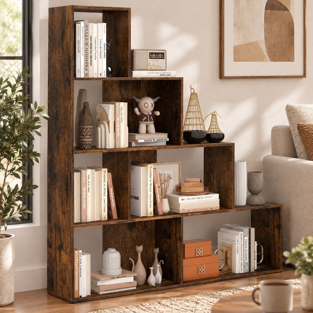 Airfind 4-Tier Stepped Bookshelf Freestanding Ladder Storage Shelf with 6 Cubes, 400 lbs Capacity, Engineered Wood Frame, 60in x 11in x 64in Footprint