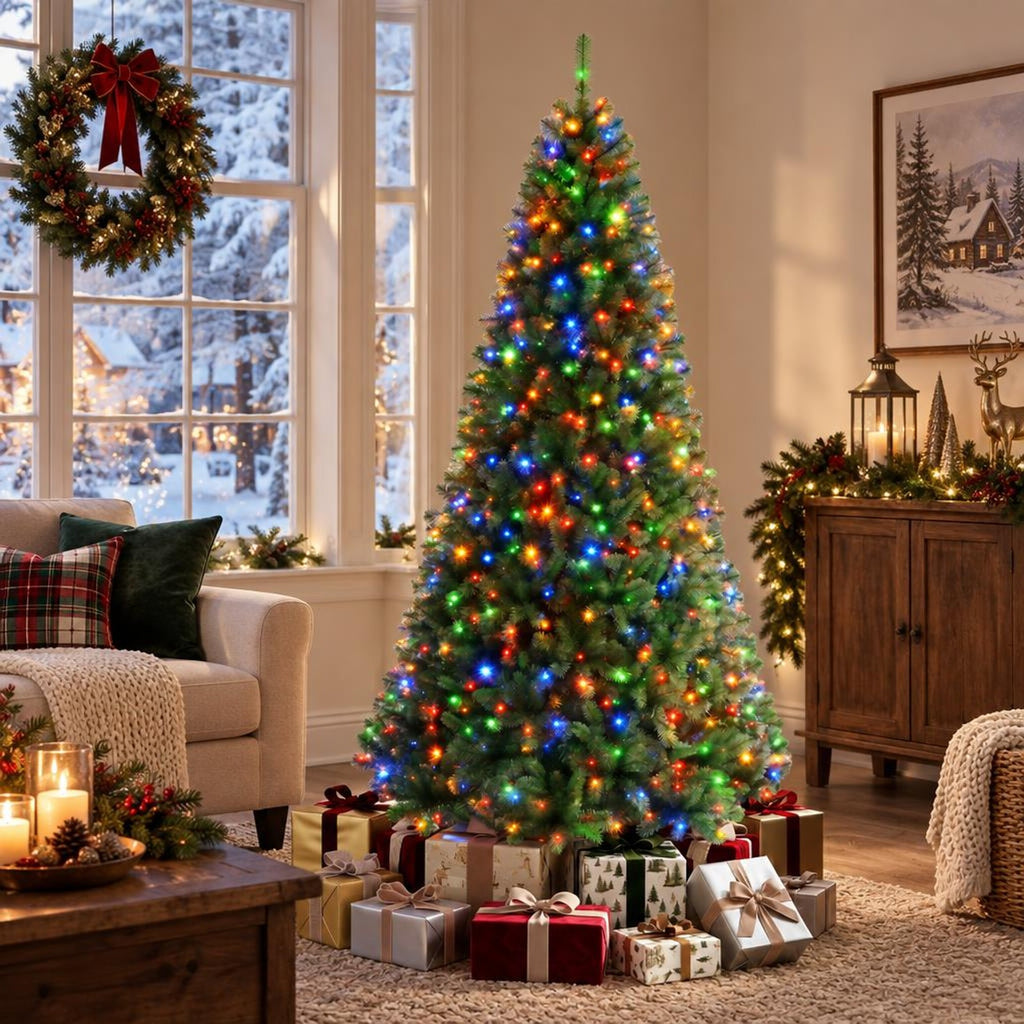 Airfind Pre-Lit Green Artificial Christmas Tree with Full Branch Tips-8 Feet, PVC Metal Frame, Green