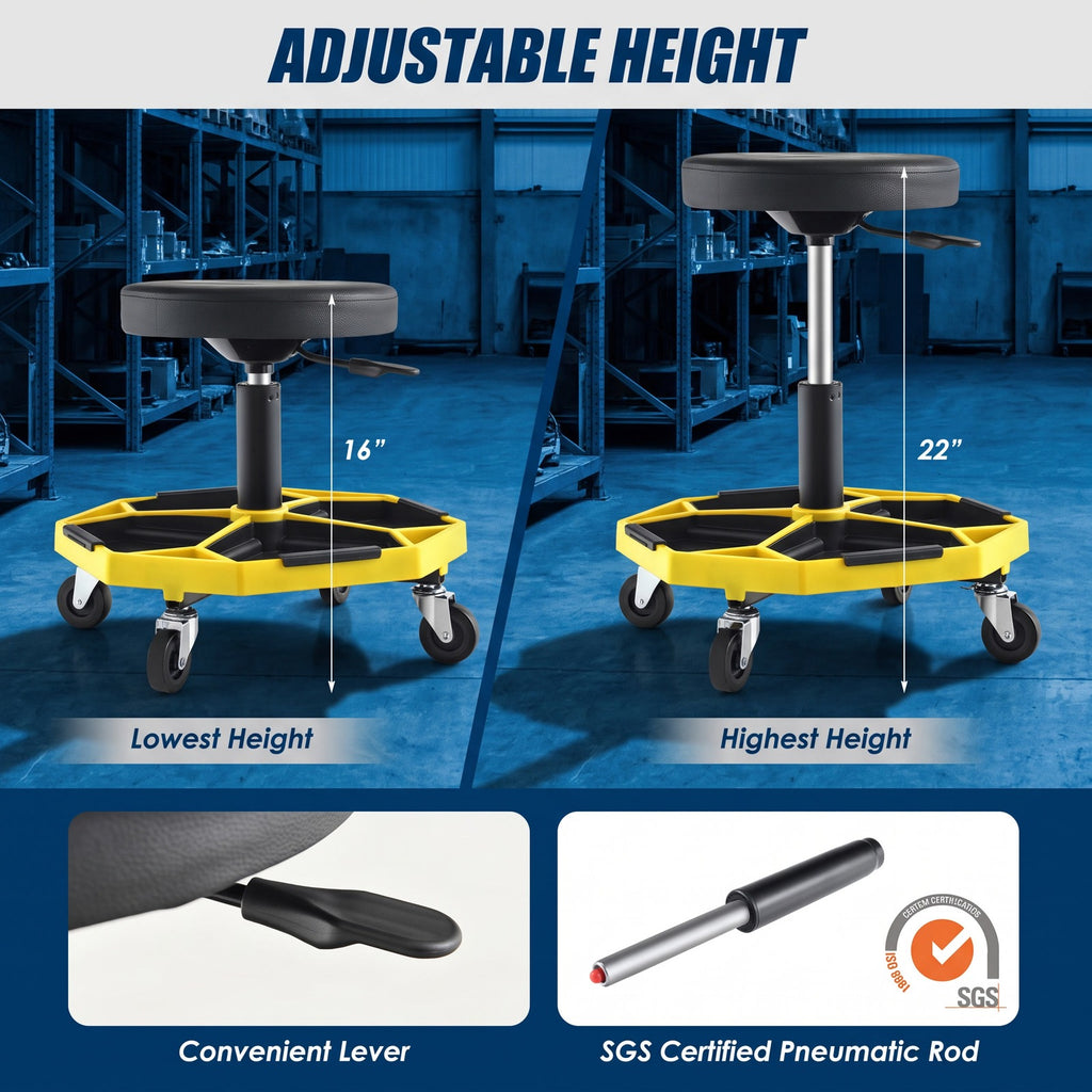 Airfind 330 LBS Capacity Pneumatic Rolling Mechanic Stool with Padded Seat, 20 x 20 x 16 inch Footprint, Yellow