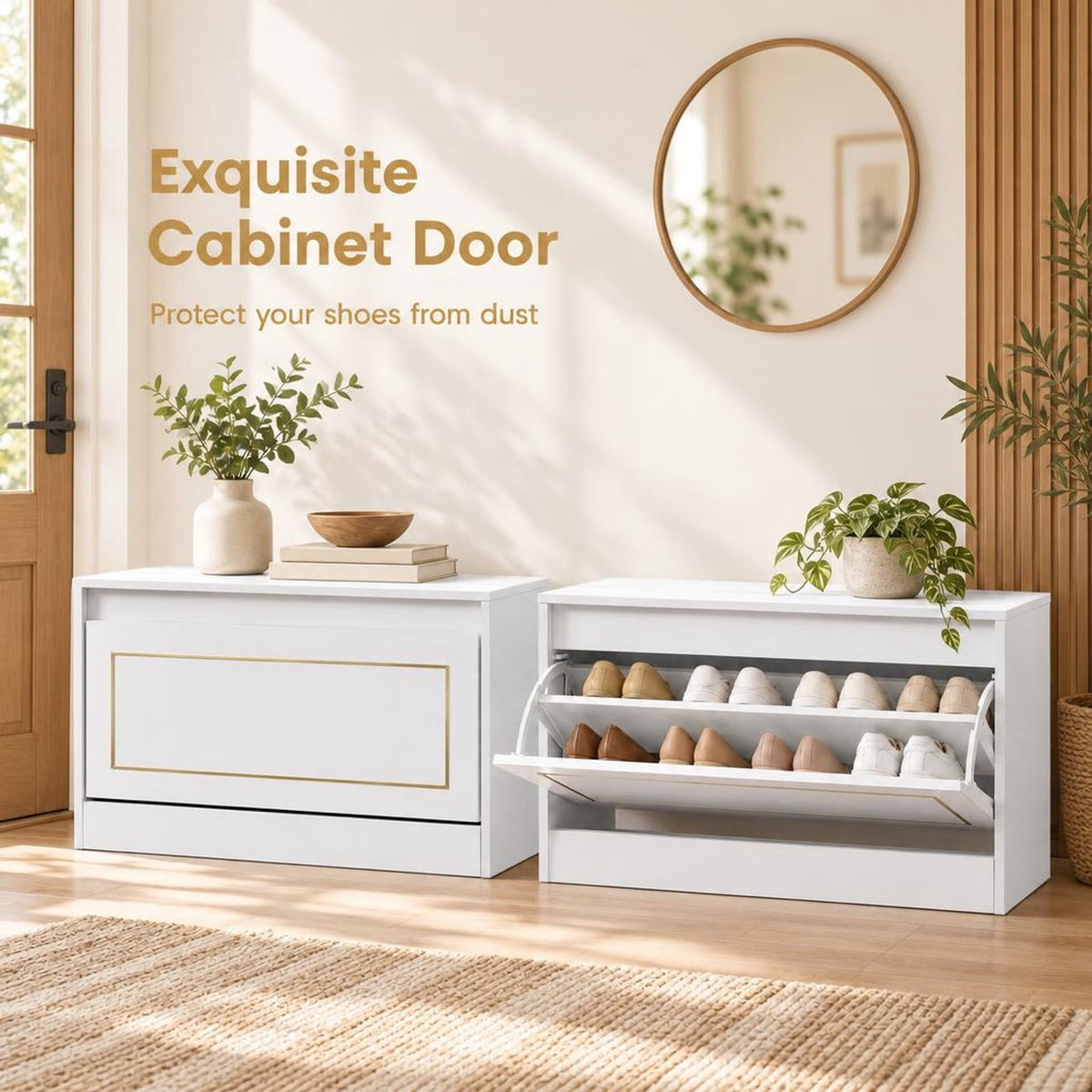 Airfind Narrow Shoe Cabinet with 1 Flip Drawer and Adjustable Shelf for Hallway, 132 lbs Capacity, PB Engineered Wood Frame, White