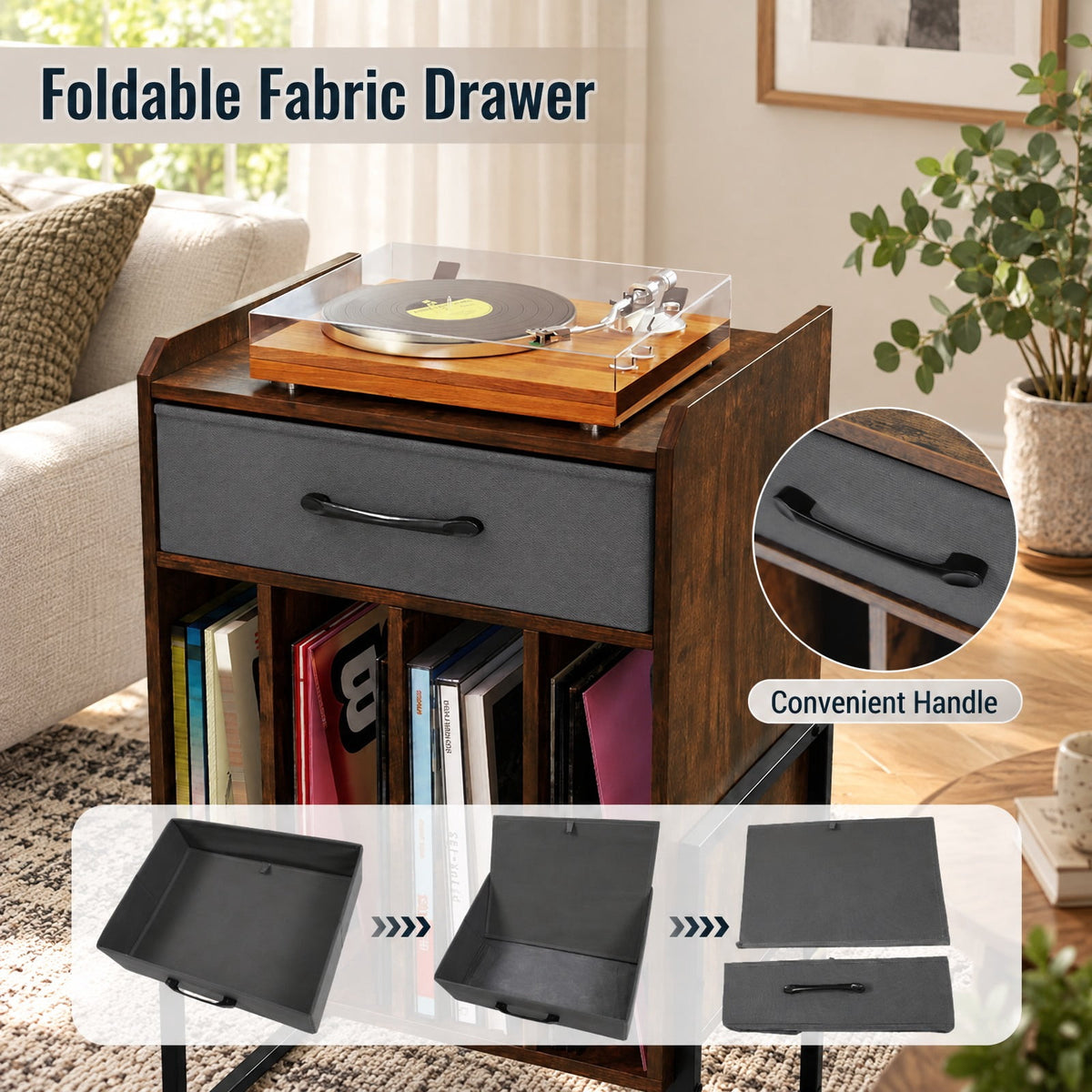 Airfind Record Player Stand with Drawer and Record Holder, 66 lbs Capacity, Engineered Wood MDF Metal Non-woven Fabric Frame, Brown
