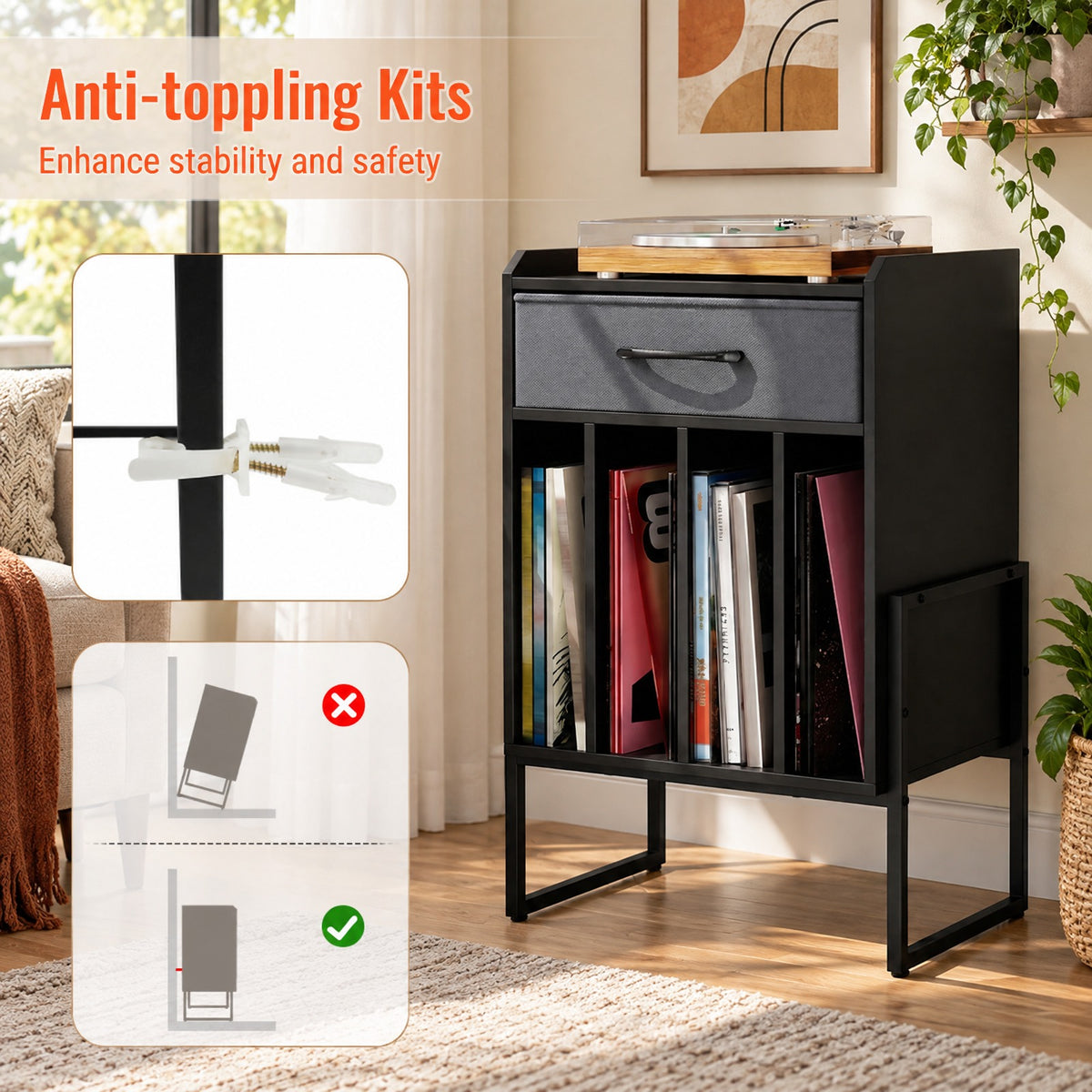 Airfind Record Player Stand with Drawer and Record Holder, 66 lbs Capacity, Engineered Wood MDF Metal Non-woven Fabric Frame, Black