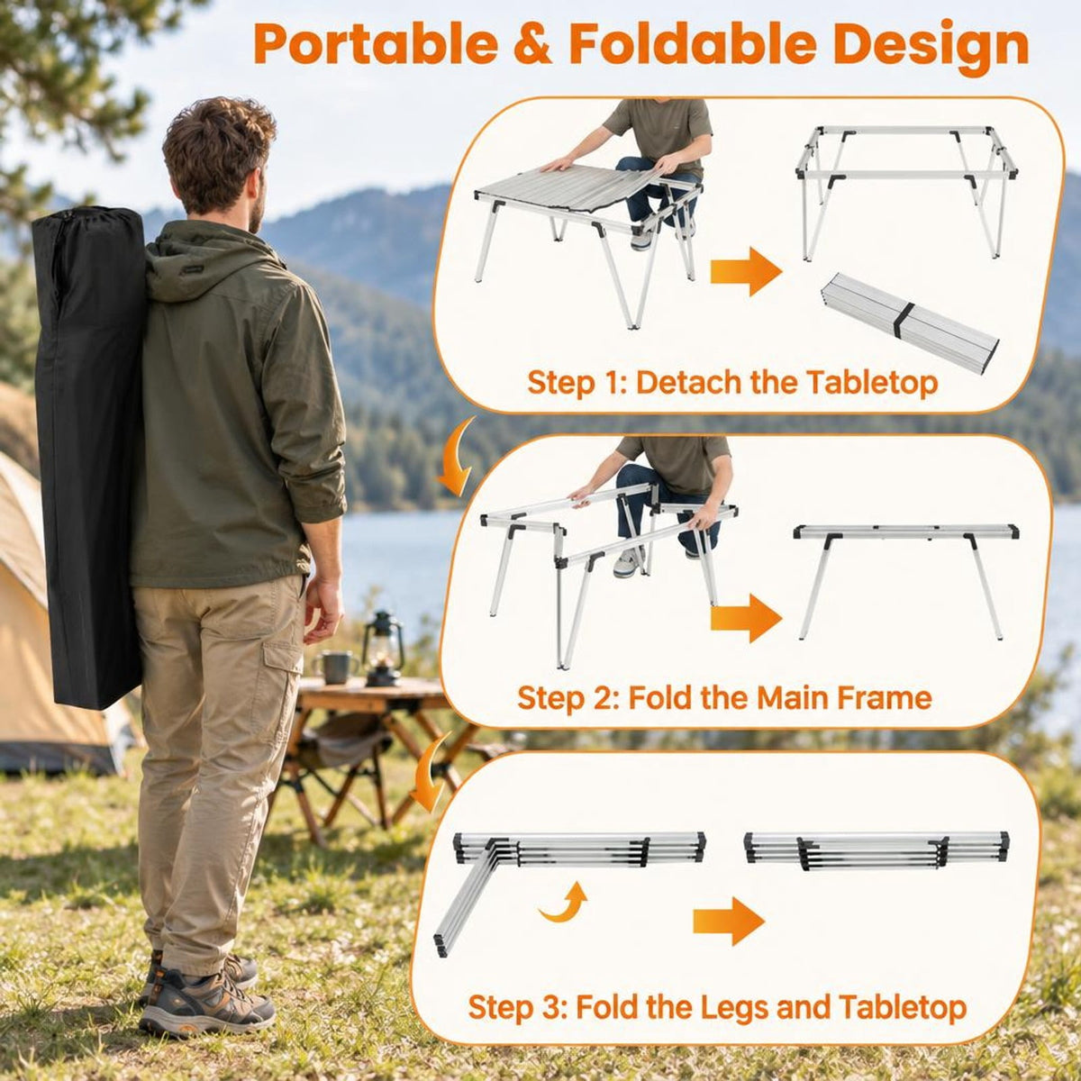 Airfind Folding Camping Table Picnic Table with Storage Bag and Waterproof Desktop, 176lbs Capacity, Aluminum PP Frame, 37 x 27 x 19 Footprint