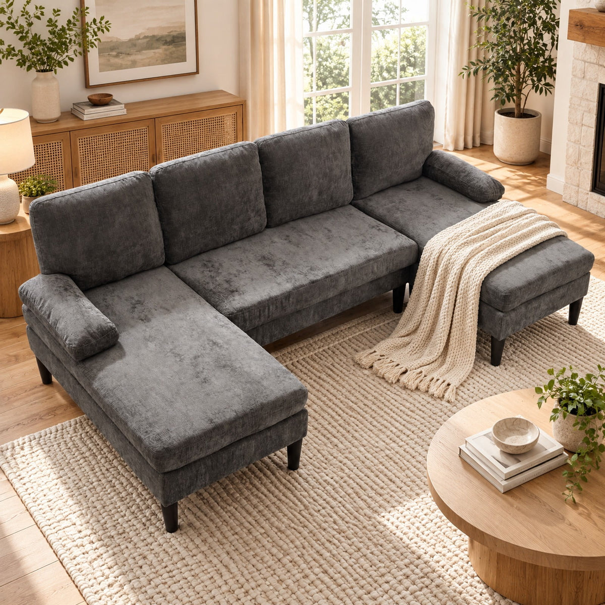 Airfind U-shaped Sectional Couch with Double Chaise for Living Room, 1000 Lbs Capacity, 101.5 Inch X 49.5 Inch X 28.5 Inch with Corduroy Fabric Sponge PP, Gray