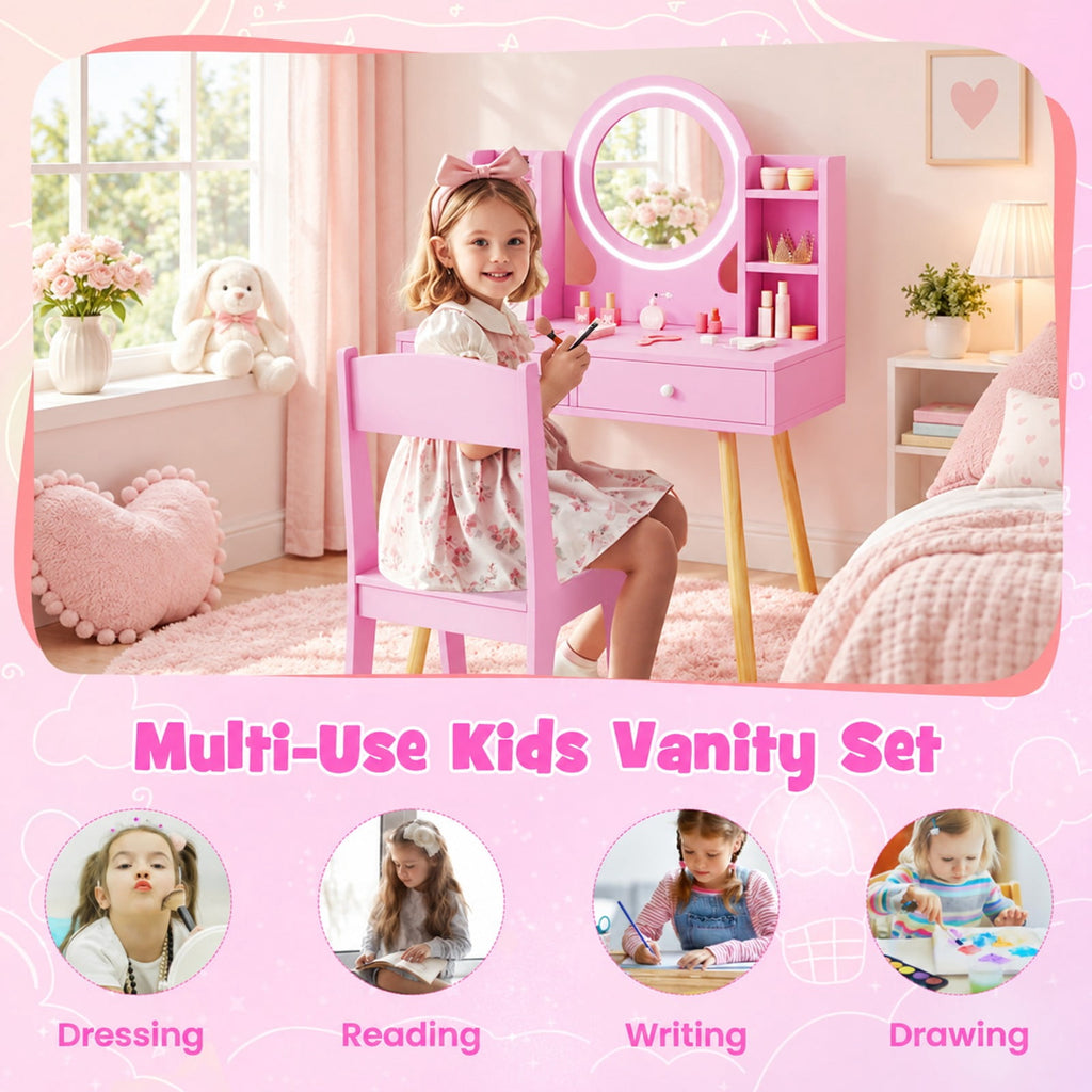 Airfind Youth Vanity Set featuring Lighted Mirror and Storage Drawers, 110 lbs Capacity, Engineered Wood Frame, for 3+ Years Old, Pink