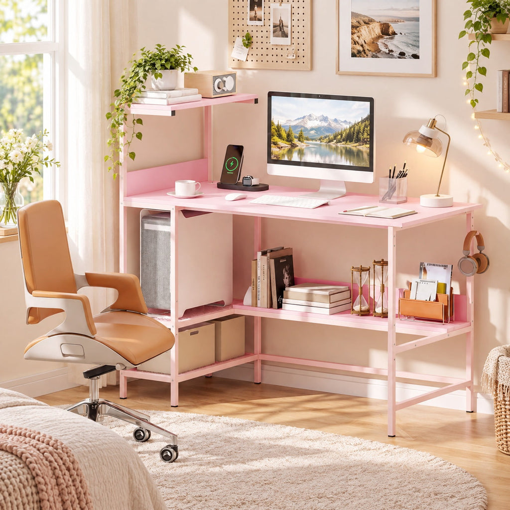 Airfind 48 Inch Computer Desk with Power Outlets and Storage Shelves, 88 lbs Capacity, Engineered Wood Metal Frame, 48 Inch x 23 Inch x 43.5 Inch Footprint