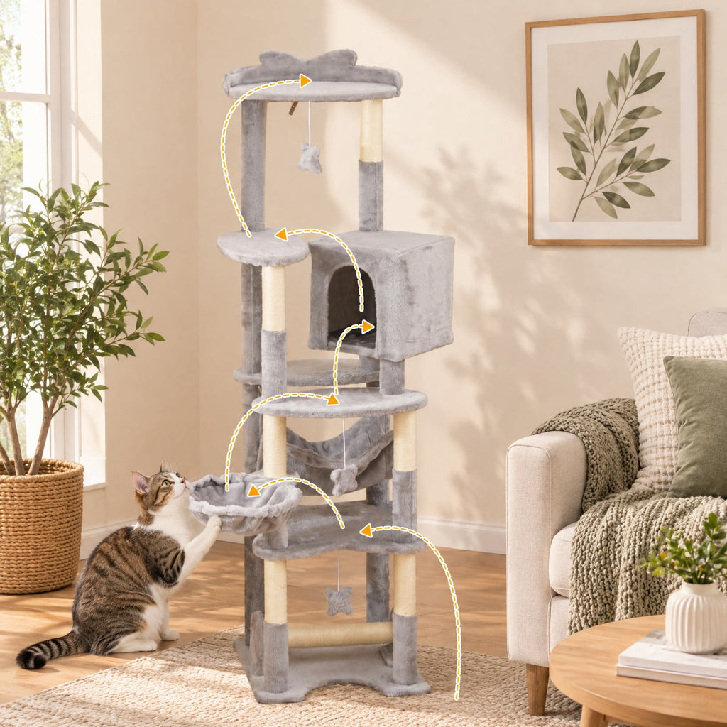 Airfind 69 Inch Multi-level Cat Tree with Top Perch and Cozy Condo, 11 lbs Capacity, Gray + Orange, Featuring large condo for peaceful rest