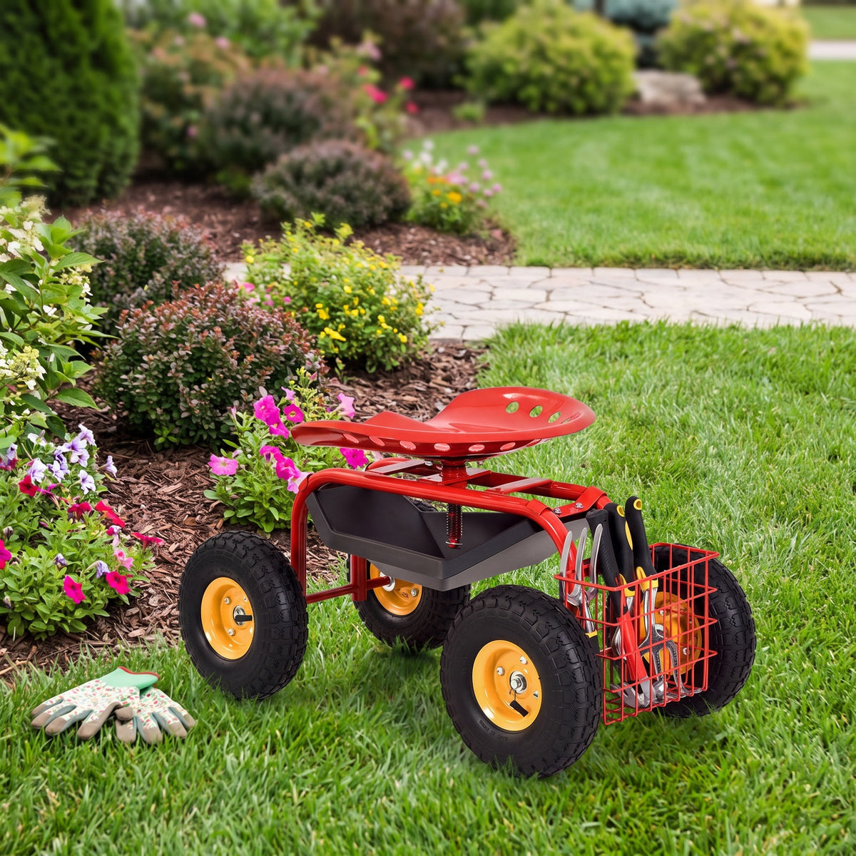 Airfind Red/Green Garden Cart Rolling Work Seat With Heavy Duty Tool Tray Gardening Planting, 33 x 16 x 22 Footprint, Red