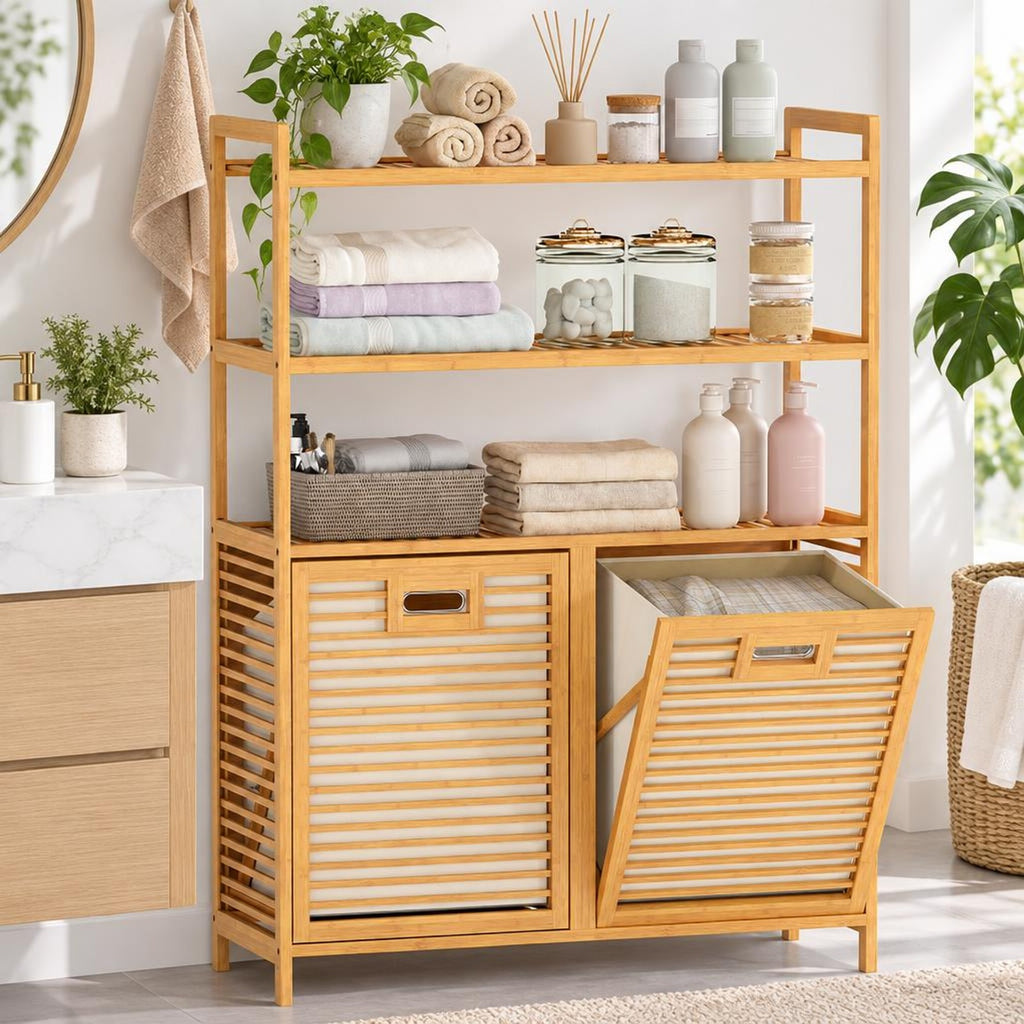 Airfind Double Tilt Out Laundry Hamper with 3 Shelves and 2 Removable Baskets for Dirty Clothes, 220 lbs Capacity, 32in x 12in x 44in Laundry Footprint