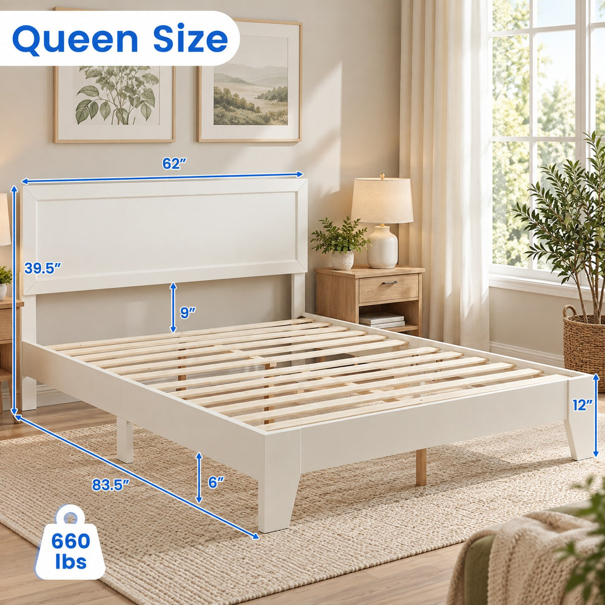 Airfind Queen Size Modern Bed Frame with Headboard, 500 lbs Capacity, Engineered Wood Frame, White, Eye-catching addition to your bedroom