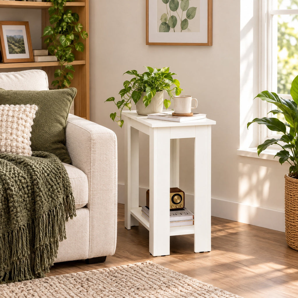 Airfind 2-Tier Modern Compact End Table with Storage Shelf, 110 lbs Capacity, Engineered Wood Frame, 23.5 x 12 x 24 Footprint, White