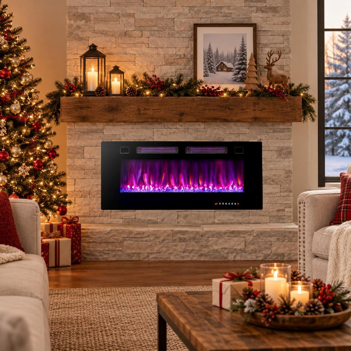 Airfind 42 Inch Ultra-Thin Electric Fireplace with Decorative Crystals and Smart APP Control-42 inch, Steel Tempered Glass 42 Inch: Frame, Black
