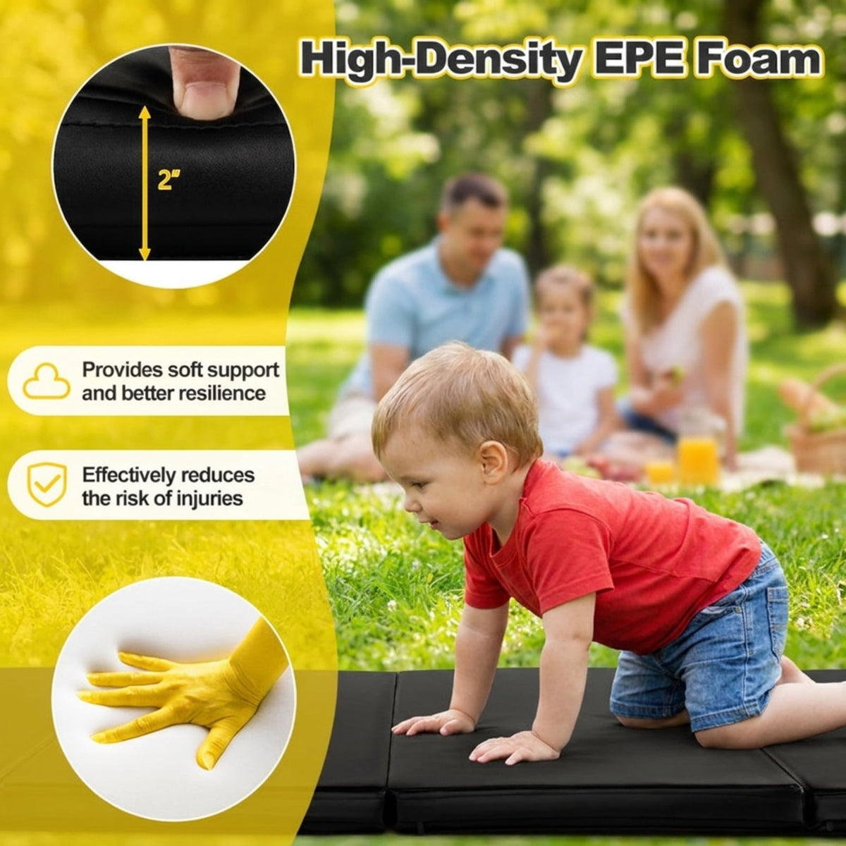 Airfind Folding Gymnastics Mat with Detachable Sweatproof PU Leather Cover and Carry Handles, Thick Foam Tumbling Exercise Mat, Black