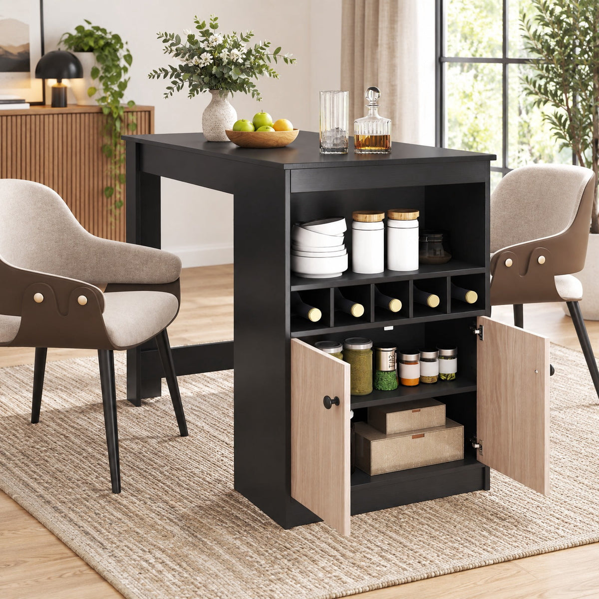 Airfind 48 Inch Bar Table with Storage Cabinet and Wine Rack, 210 lbs Capacity, Engineered Wood MDF Frame, 48 x 24 x 36 Footprint, Black