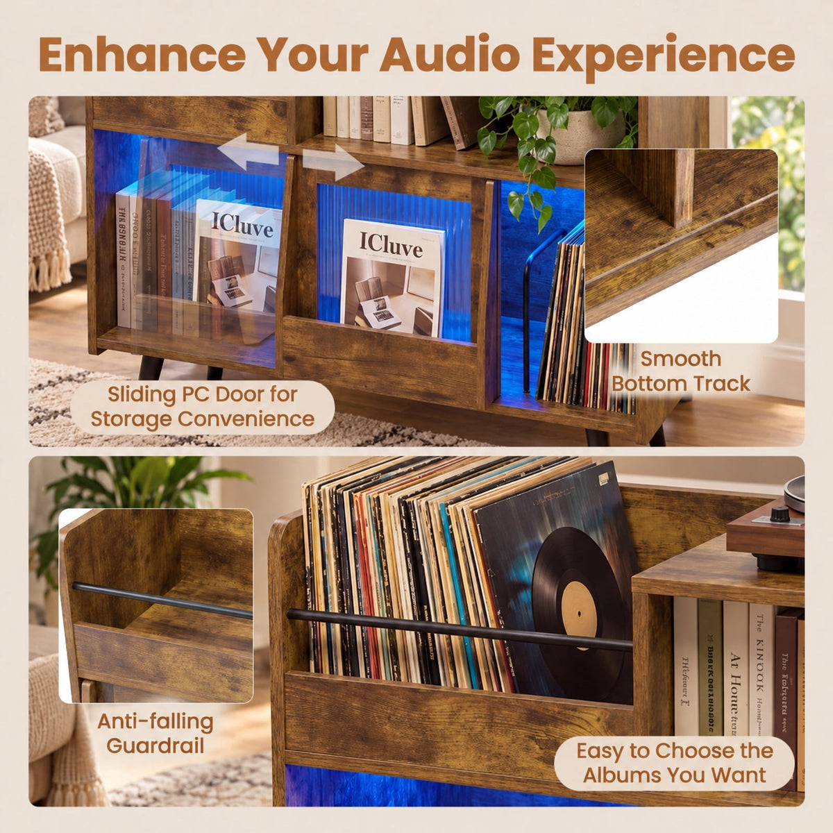 Airfind Record Player Stand with LED Light and Power Outlets, 66 lbs Capacity, Model JV14100US-CF