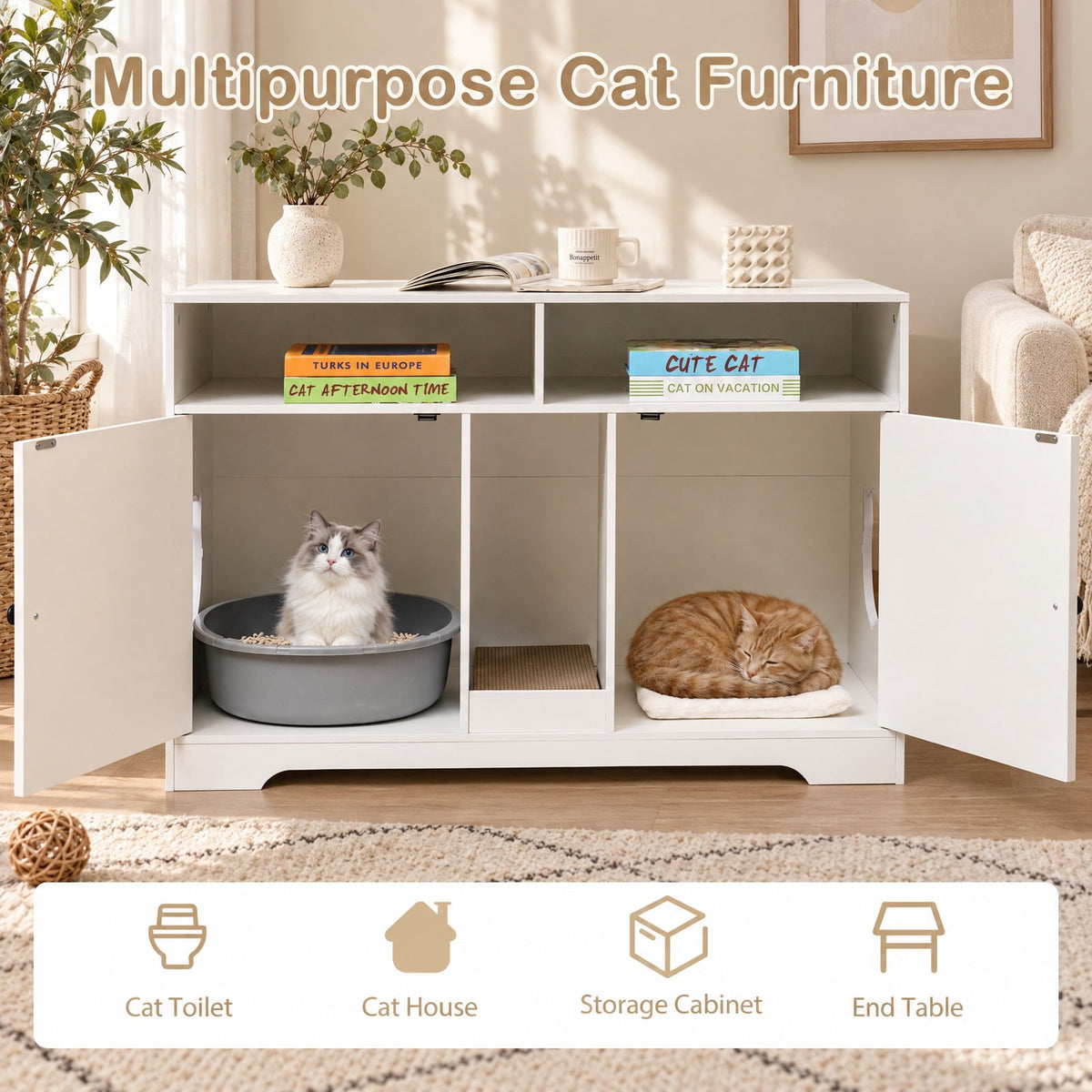 Airfind 43 Inches Cat Litter Box Enclosure with Storage and Double Rooms, Engineered Board Frame, 43in x 20in x 29in Footprint, White