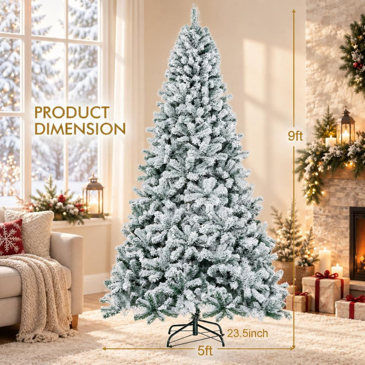 Airfind Snow-flocked Artificial Christmas Tree 9 Ft featuring Hinged PVC Branches and Metal Stand for Indoor Holiday Decor, White
