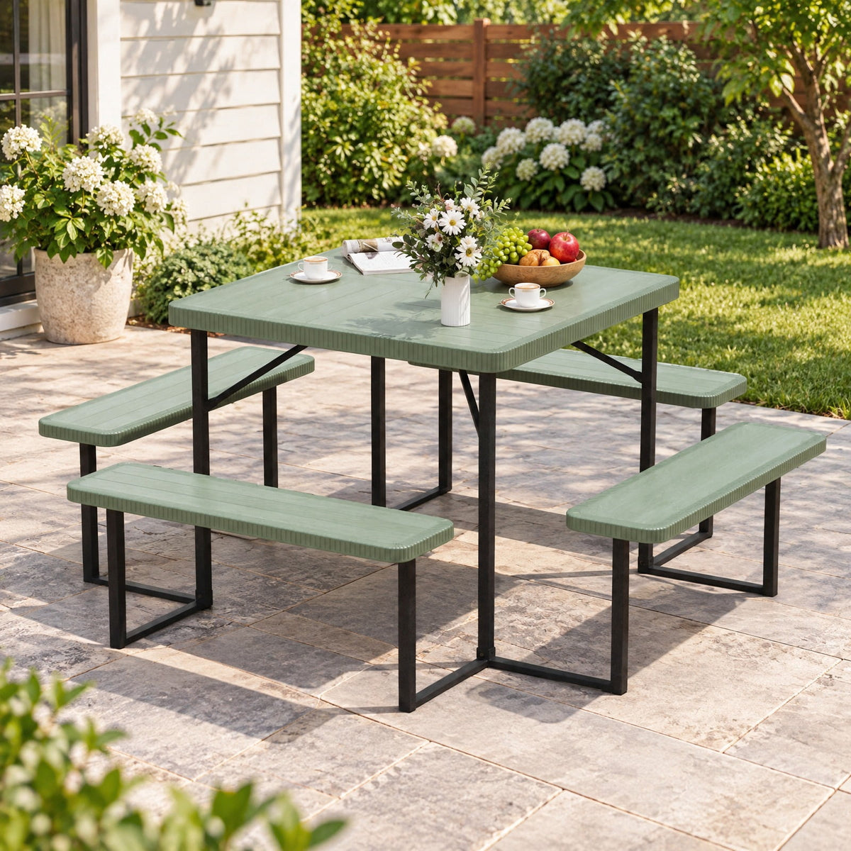 Airfind Outdoor Square Picnic Table Bench Set for 4-8 People with Umbrella Hole, Table 110 lbs Capacity, HDPE Metal Frame, 63 x 63 x 30 Footprint