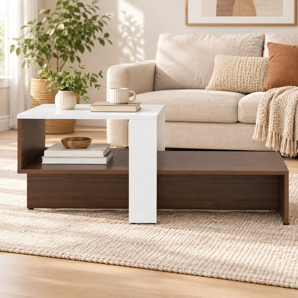 Airfind 2-Tier Geometric Coffee Table with Storage Shelves for Living Room and Reception Room, 110 lbs Capacity, Engineered Wood Frame, White