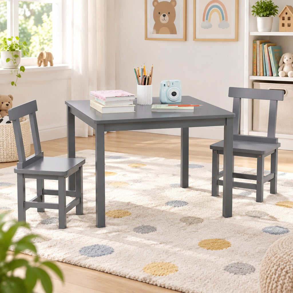 Airfind Wooden Kids Table and 2 Chairs Set with Anti-slip Foot Pads, Rubber Wood Acacia Wood MDF Frame, 30 x 30 x 22 inch Footprint, Gray