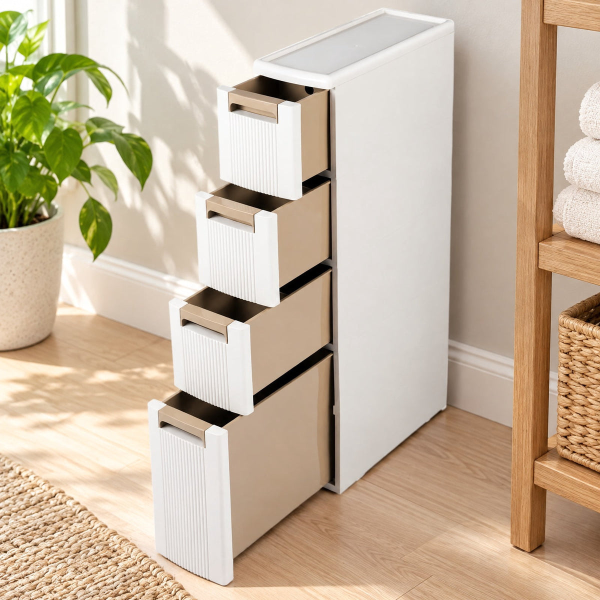 Airfind Narrow Storage Cabinet with Drawers and Removable Dividers, 11 lbs Capacity, PP Frame, 18 x 7 x 30 Footprint, Beige