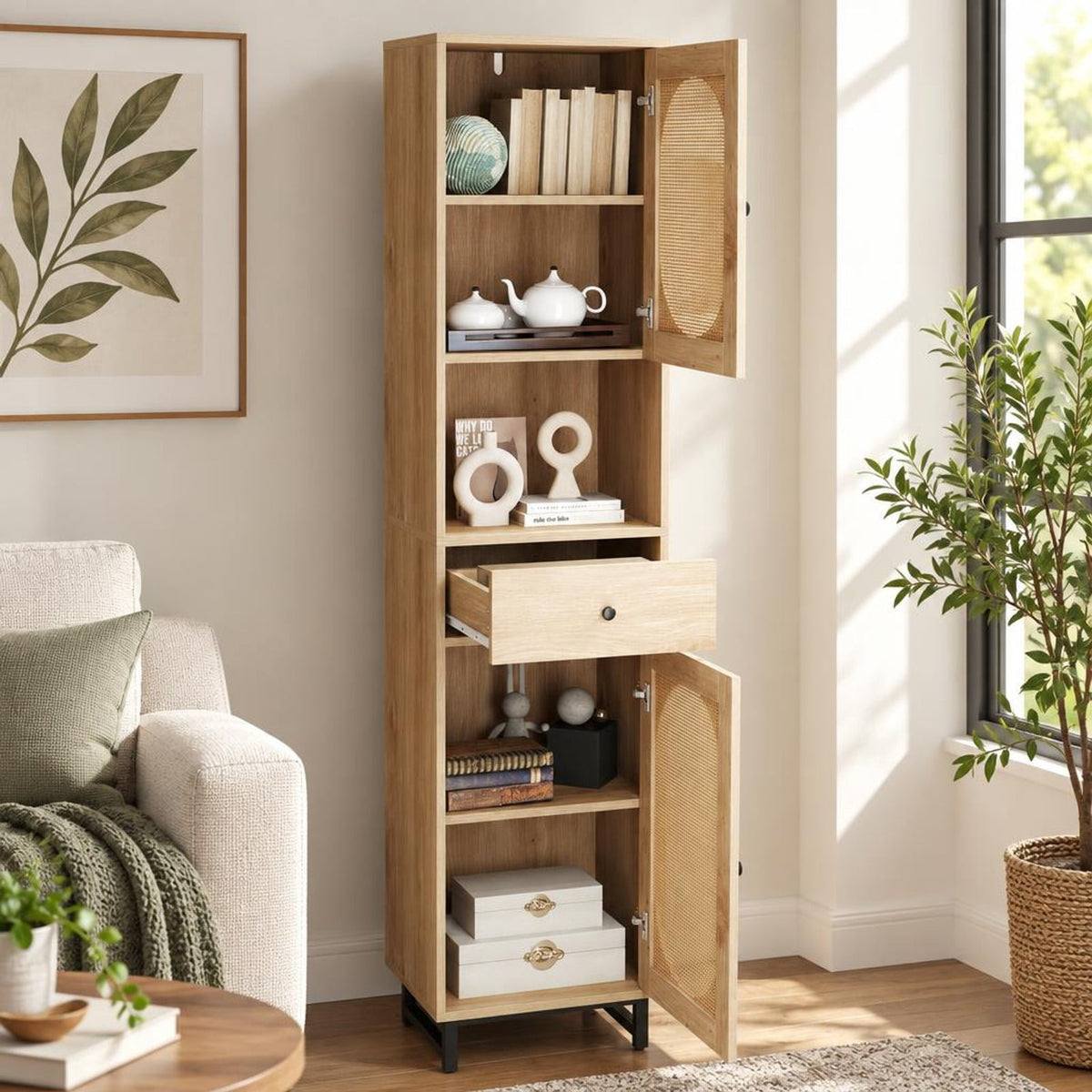 Airfind 67 Inch Tall Bathroom Cabinet PE Rattan Floor Cabinet with 2 Doors, 22 lbs Capacity, PE Rattan Engineered Wood Metal Frame, Natural