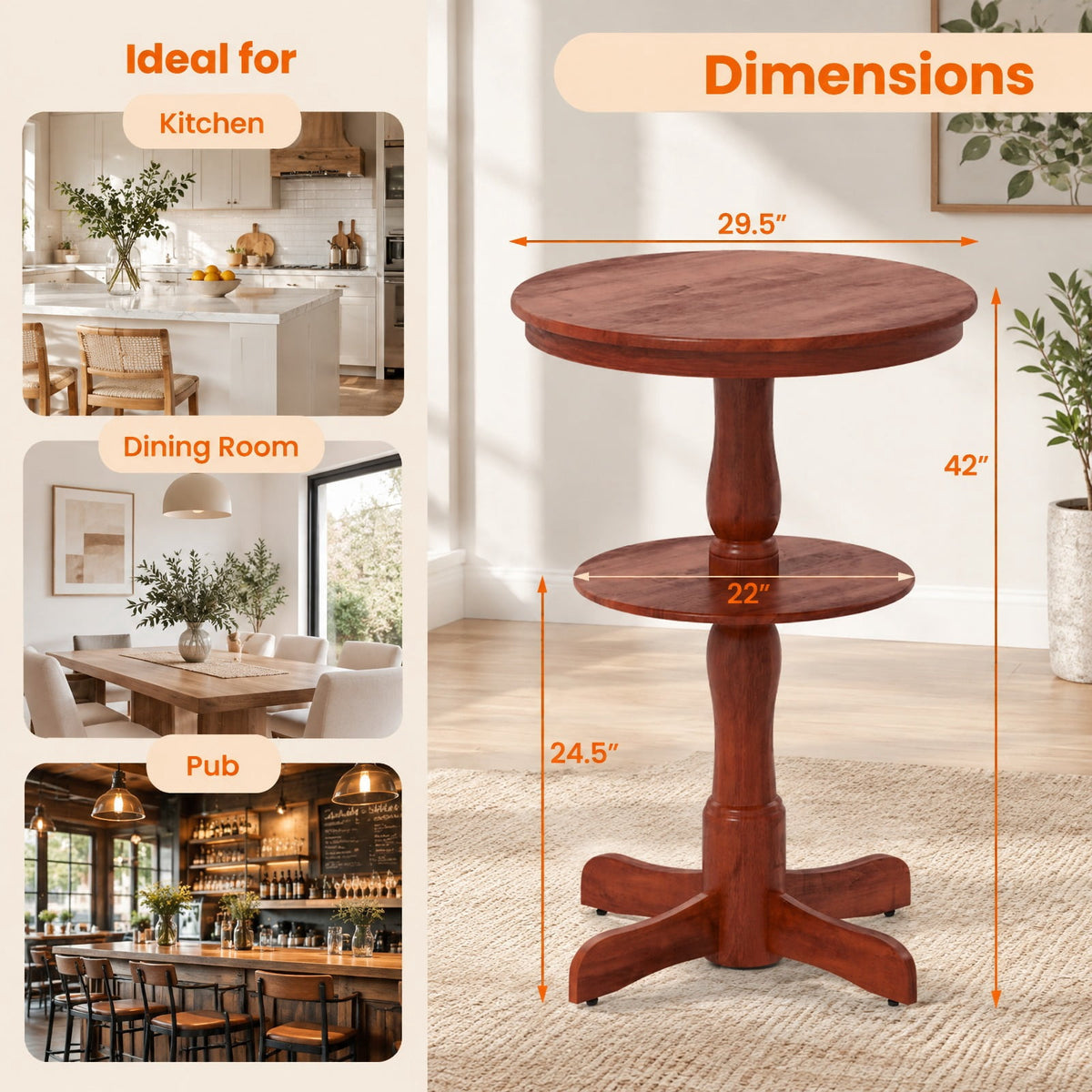 Airfind 2-Tier Round High Top Bar Table with Storage Shelf and Pedestal Base, 88 lbs Capacity, Rubber Wood MDF Frame, 29.5 Inch x 42 Inch Footprint