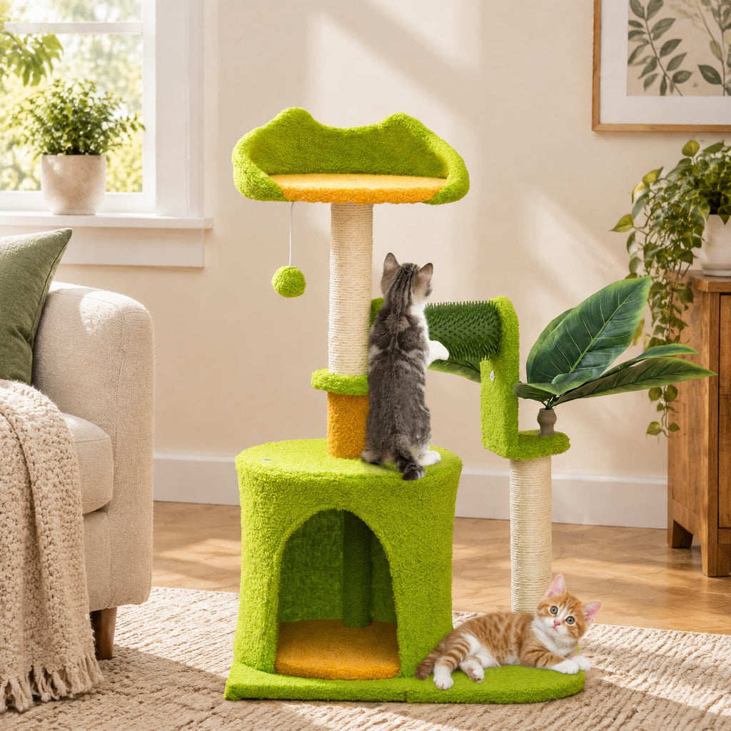 Airfind Cute Palm Cat Tree, for Indoor Cats with Artificial Leaves, Engineered Wood EVA Sisal Teddy Fleece Frame, 19 Inch x 13 Inch x 31 Inch Perch, Green