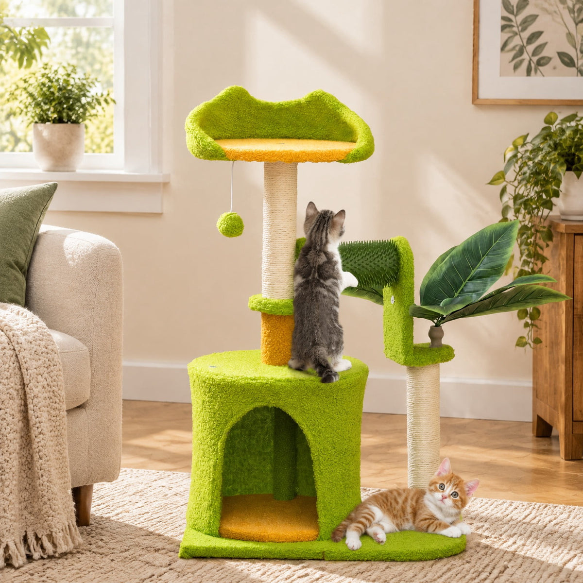 Airfind Cute Palm Cat Tree, for Indoor Cats with Artificial Leaves, Engineered Wood EVA Sisal Teddy Fleece Frame, 19 Inch x 13 Inch x 31 Inch Perch, Green