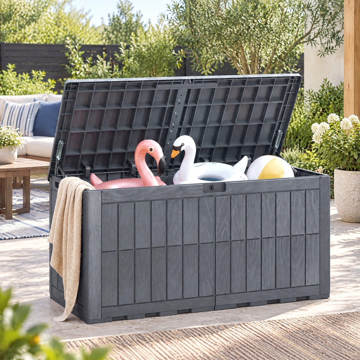 Airfind 120 Gal Outdoor Deck Box with Lid and Handles for Garden Tools, 540 lbs Capacity, PP Metal, 52 Inch x 24 Inch x 25 Inch , Gray