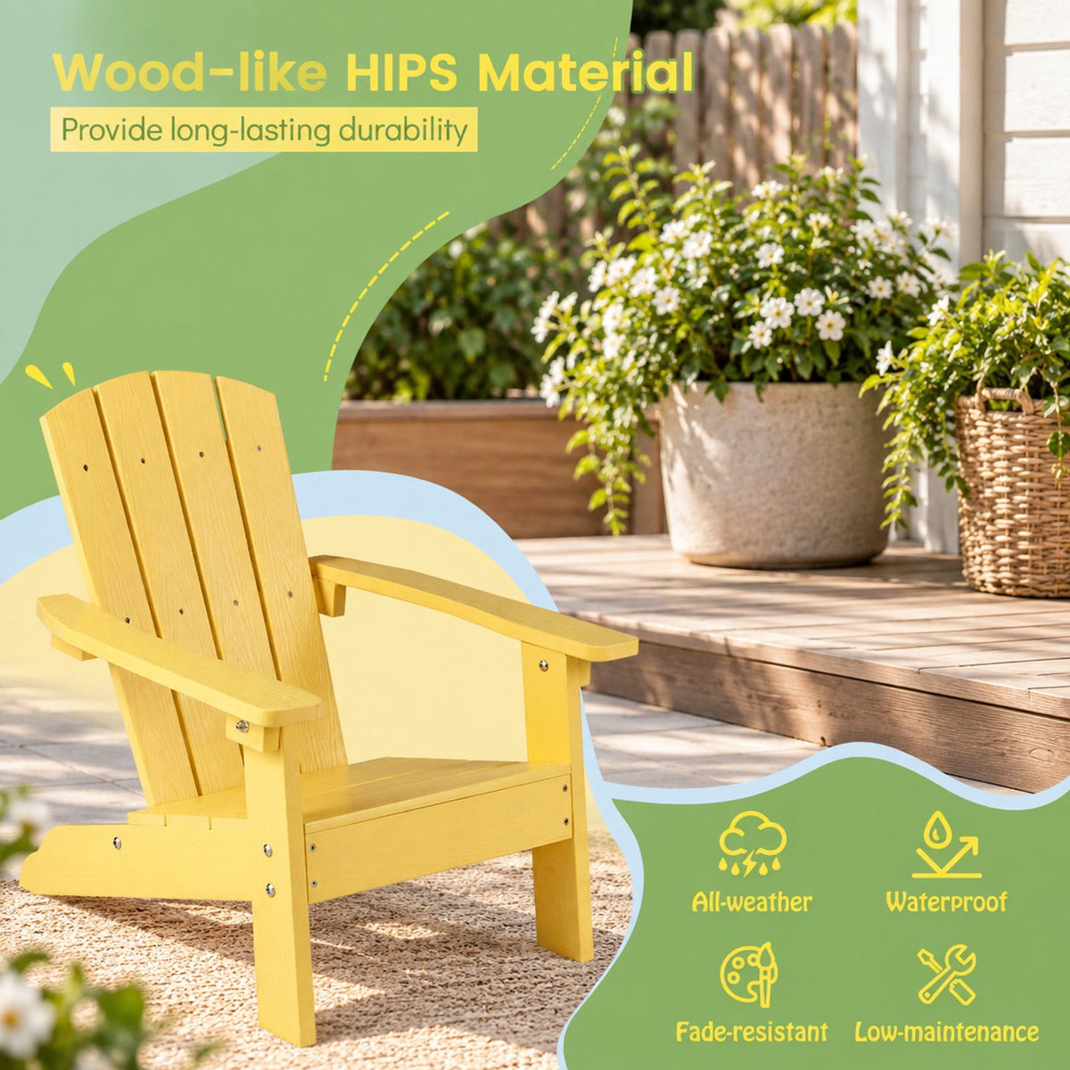 Airfind All-Weather HDPE Kids Adirondack Chair with with High Backrest and Armrests, 165 lbs Capacity, Wood-like HIPS Frame, Yellow
