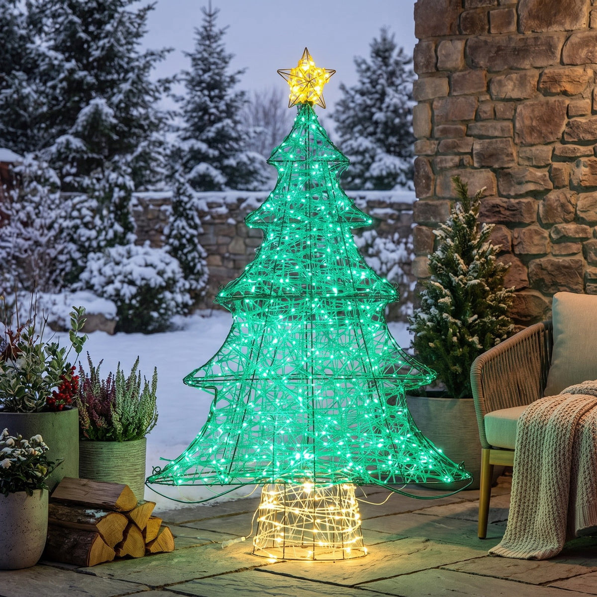 Airfind 4 Feet Lighted Artificial Christmas Tree with 520 LED Lights and Top Star, Metal Copper PVC Large Frame, Green and Yellow