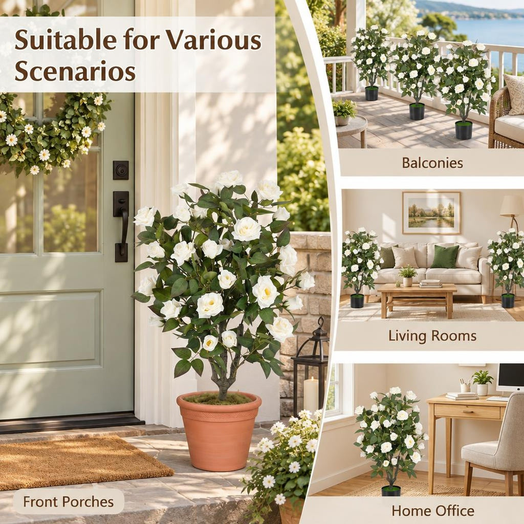 Airfind Artificial Rose Tree, 35.5 Inch, with Blooming Flowers and Leaves for Indoor, Silk Fabric Rubberized Fabric PE PP Tree Height 35.5 Inch Frame, White