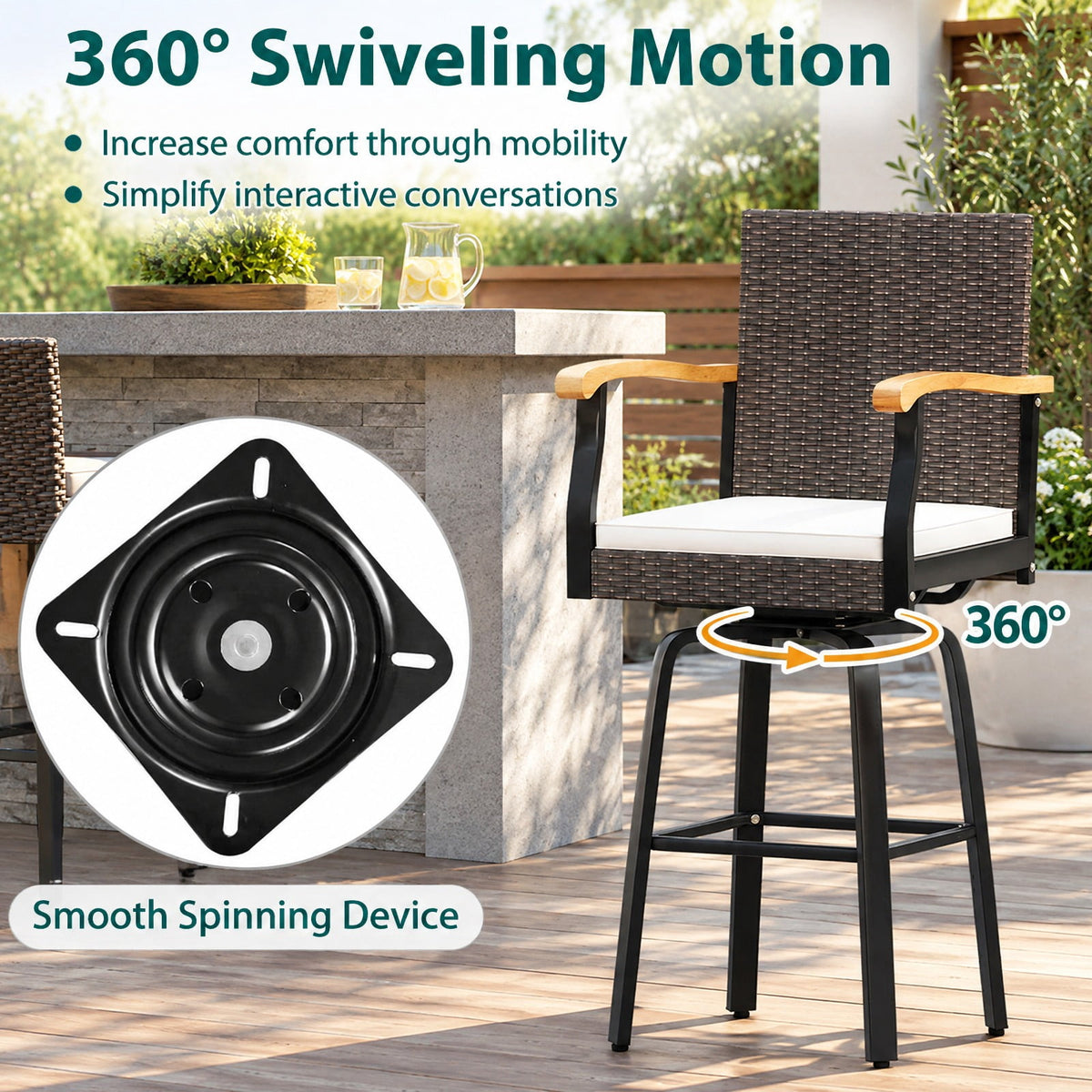 Airfind One Outdoor 360° Swivel Bar Stool with Cushion and Acacia Wood Armrests, 400 lbs Capacity, Wood