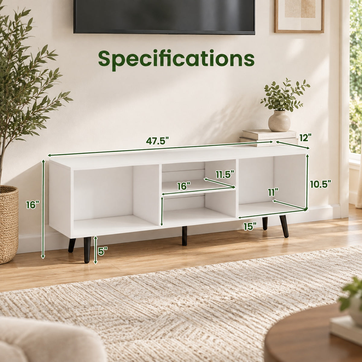 Airfind 47.5 Inches TV Stand for 55-Inch TV with Compartments and Metal Legs, 132 lbs Capacity, Engineered Wood MDF Metal Frame, White