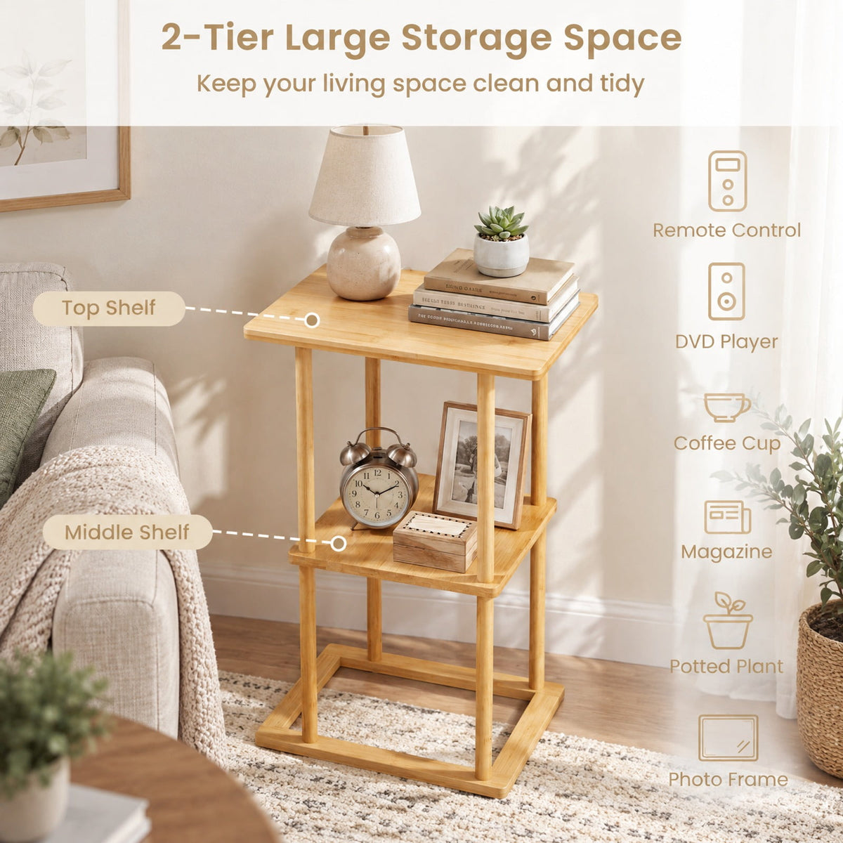 Airfind 2 Pieces Side Table with Storage Shelves and Bamboo Construction, 22 lbs Capacity, Bamboo Frame, 15.7 x 11 x 25.6 Footprint, Natural
