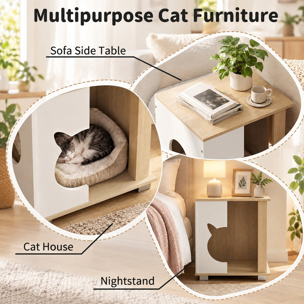 Airfind Wooden Semi-enclosed Cat Condo with Kitty Head-shaped Entry and Metal Legs, 44 lbs Capacity, Engineered Board Metal Frame, Natural