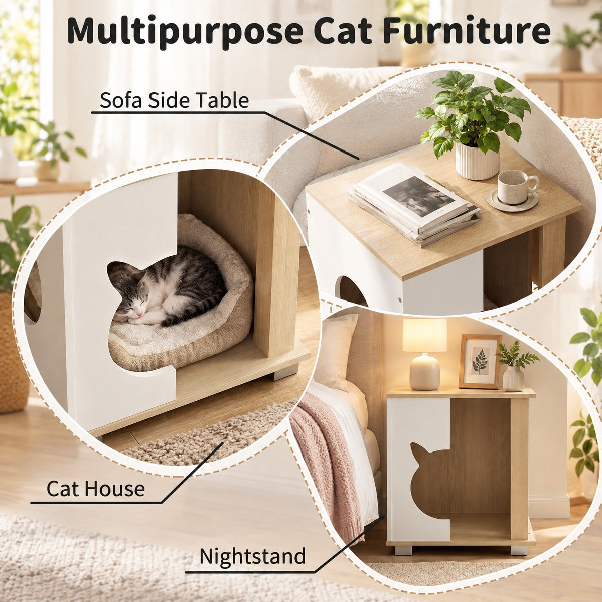 Airfind Wooden Semi-enclosed Cat Condo with Kitty Head-shaped Entry and Metal Legs, 44 lbs Capacity, Engineered Board Metal Frame, Natural