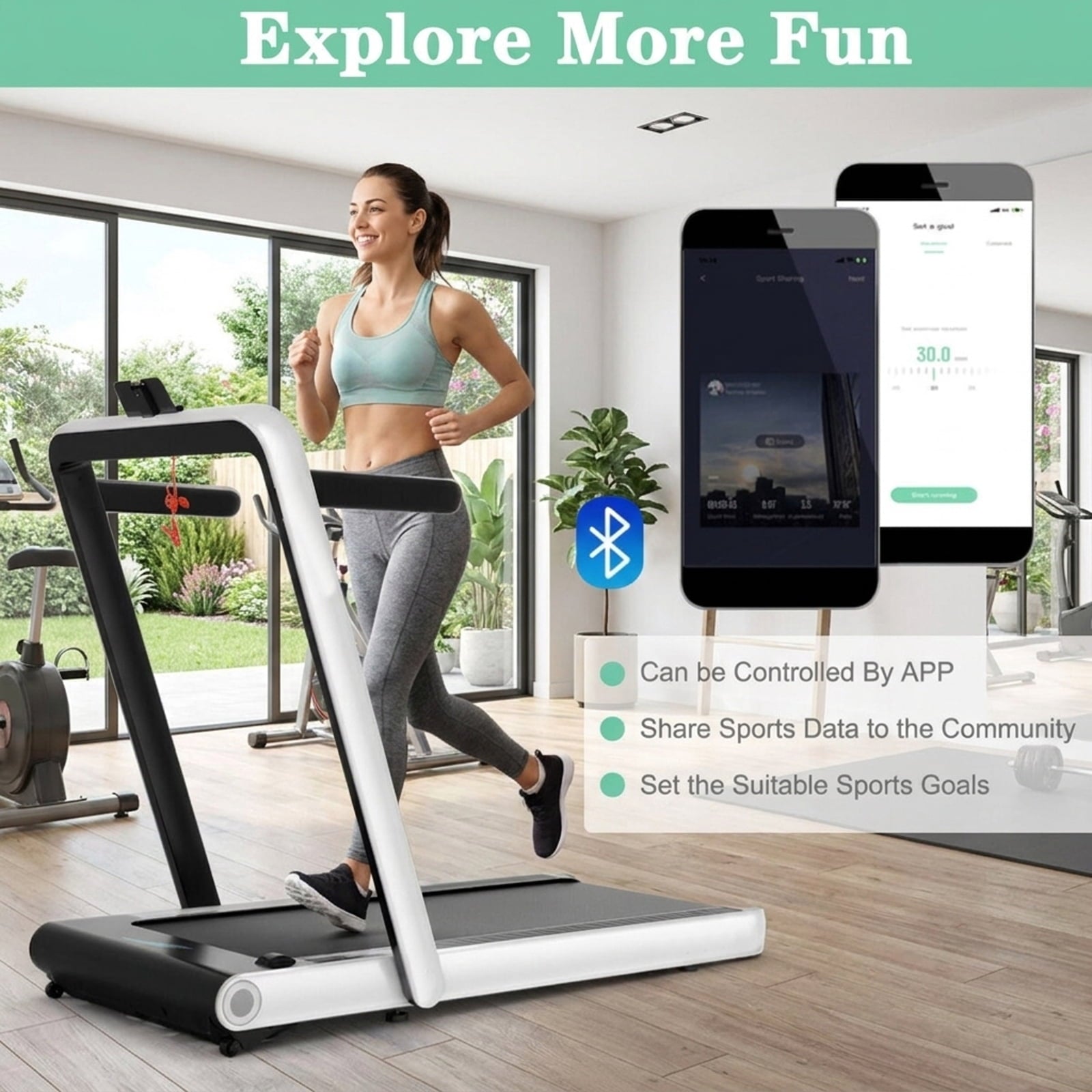 Airfind 4.75HP 2-in-1 Walk-to-Run Folding Treadmill with APP Sync, White