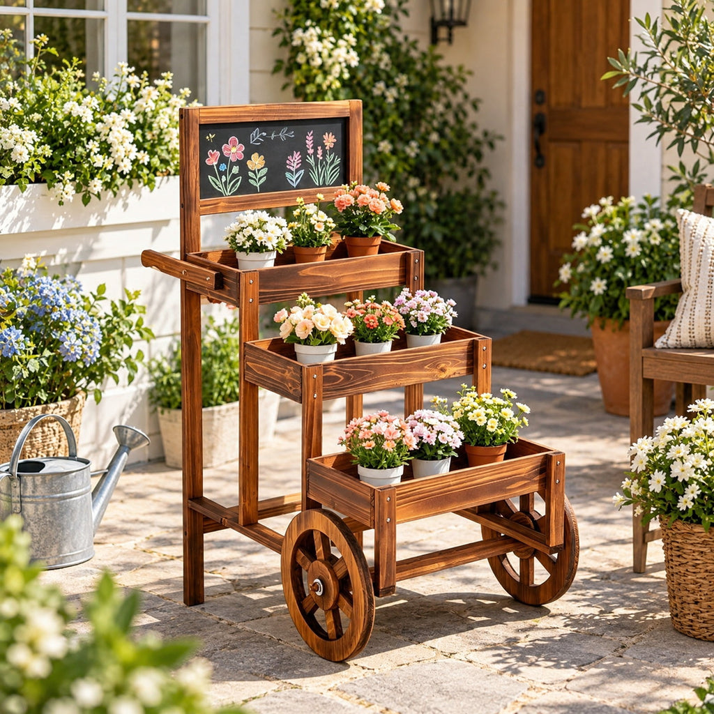 Airfind 3-Tier Carbonized Fir Wood Plant Display Stand Wooden Dessert Candy Cart, 44 lbs Capacity, 23 Inch x 39 Inch x 40 Inch Footprint, Brown