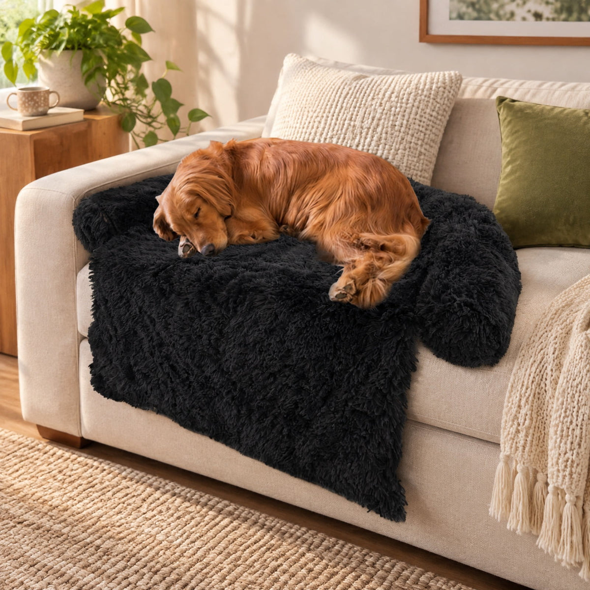 Airfind Plush Calming Dog Couch Bed with Anti-Slip Bottom, S-Size Dog Bed 40 x 35 x 6.5 Footprint, Black